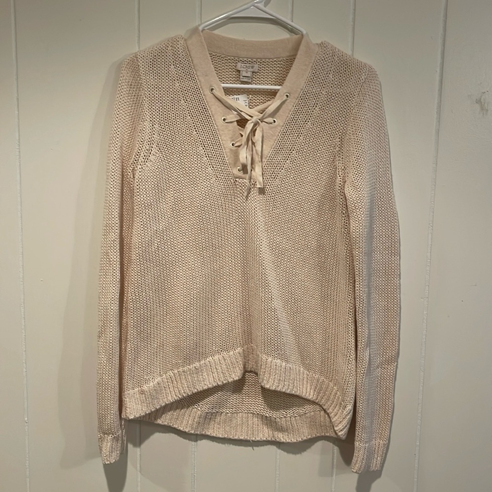 J. Crew Factory Off White Lace Up neckline Knit Cotton Linen Blend Sweater